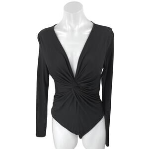 Topshop Women's Black Twist Knot Front V-neck Long Sleeve Bodysuit Blouse Top 12
